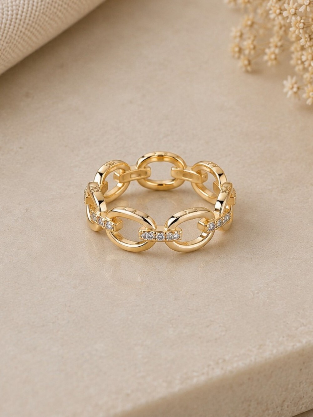 Gold Chain-Link Ring with Pavé Accent